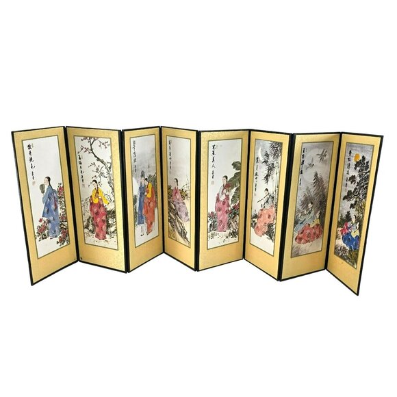 Asian Folding Screen With Traditional Art Panels & Calligraphy je177